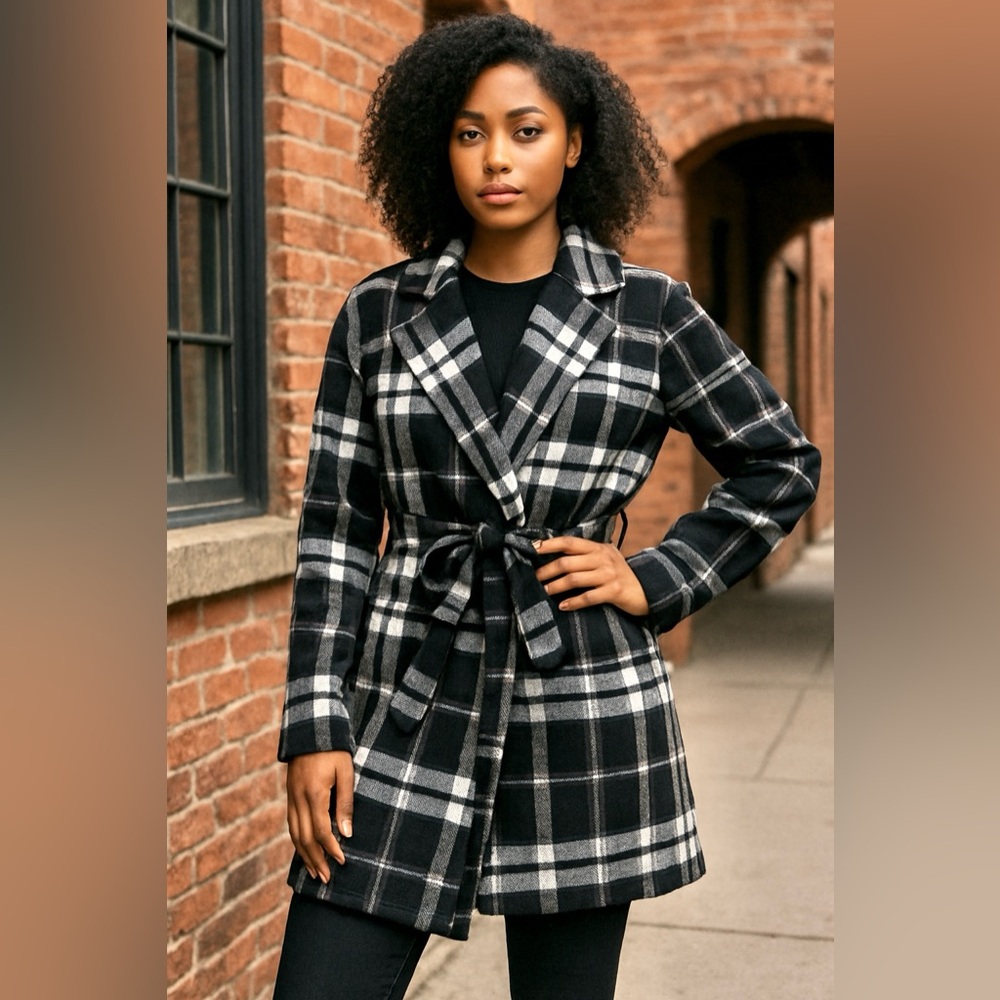 Chic Check-In Plaid Belted Wrap Coat – Black & White